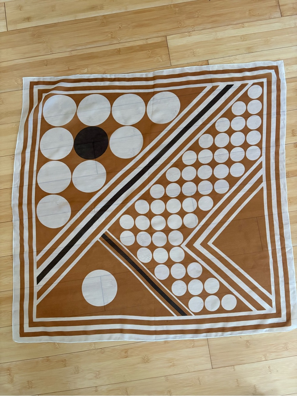 Vintage Silk Geometric Dot Pattern Scarf in Brown and White